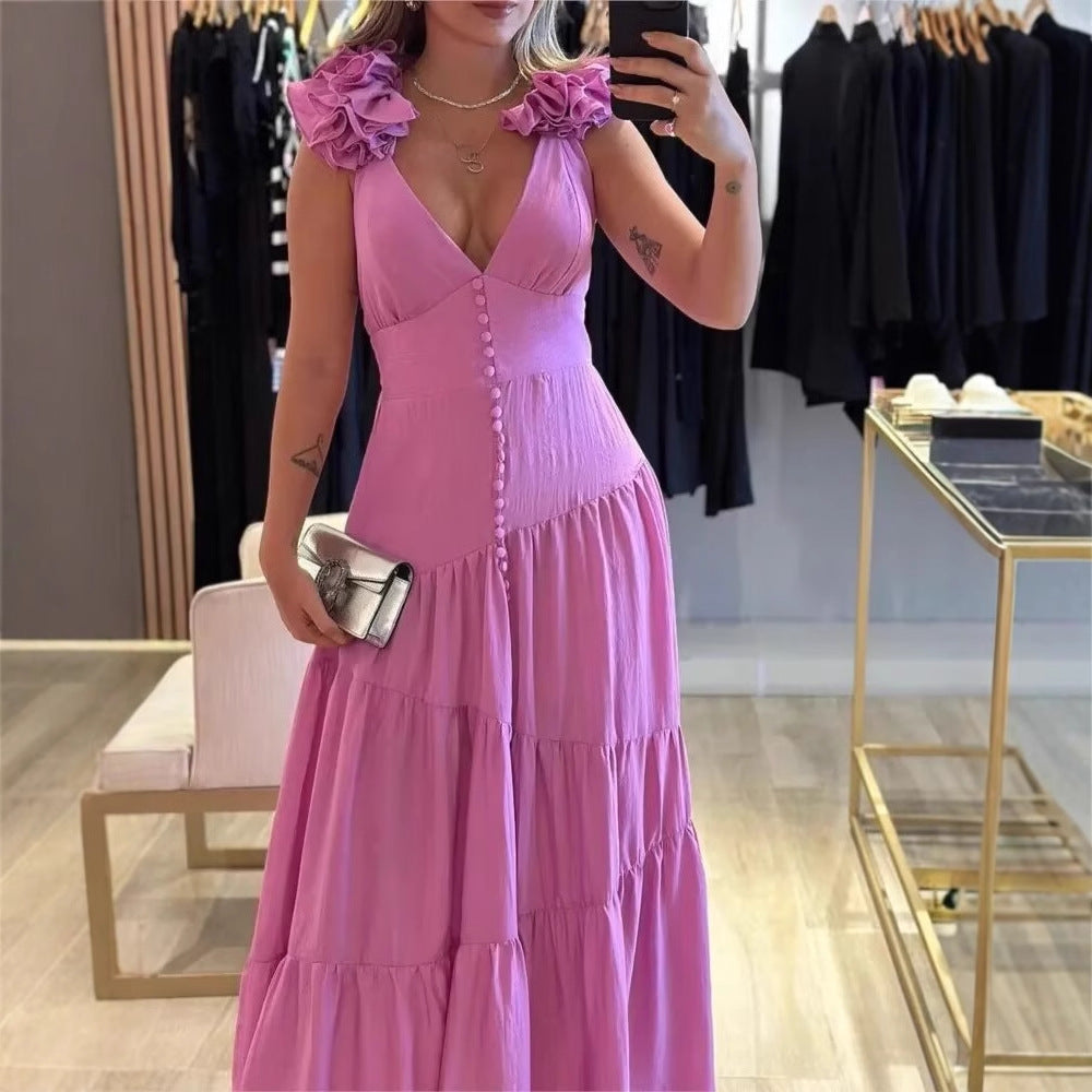 Robe maxi pour femmes avec un design de volants flottants et un élégant décolleté en V Chic und Stil