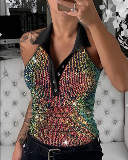 Women Leopard Pattern Chic Sequin Polo