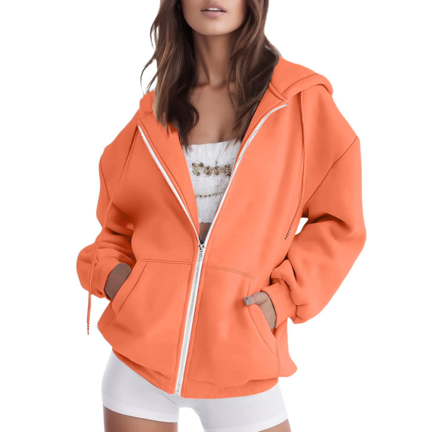 Dames décontracté Zip-Hoodie avec une grande capuche et des poches pratiques Chic und Stil