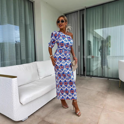 Dames fleurs robe moulante épaule unique Chic und Stil