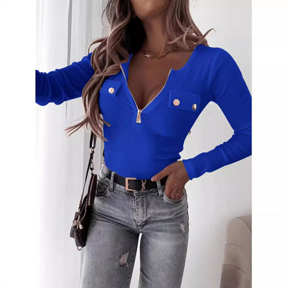 Dames Haut à fermeture éclair à manches longues avec poches décoratives Chic und Stil