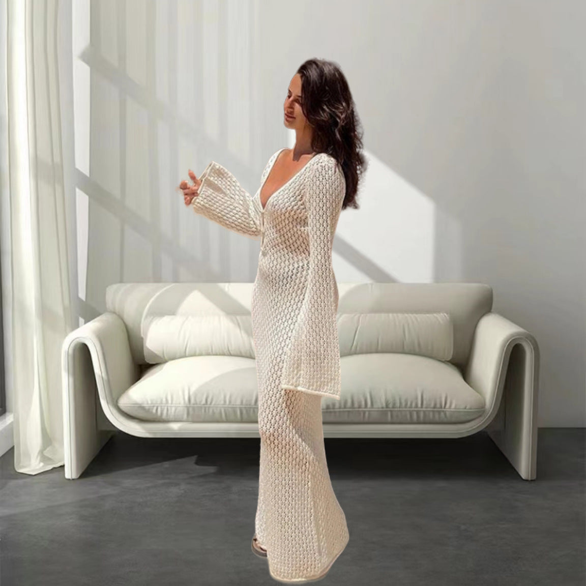 Robe maxi en tricot pour femmes avec décolleté en V profond et porte-clés décoratif Chic und Stil