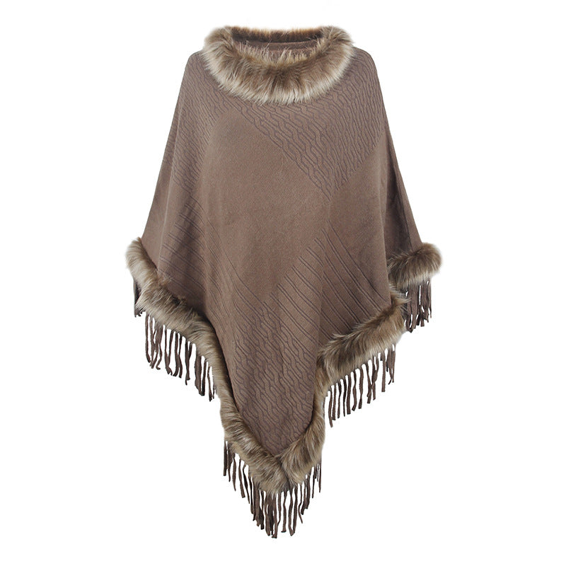 Dames élégant poncho avec col en fausse fourrure luxueuse et franges décadentes Chic und Stil
