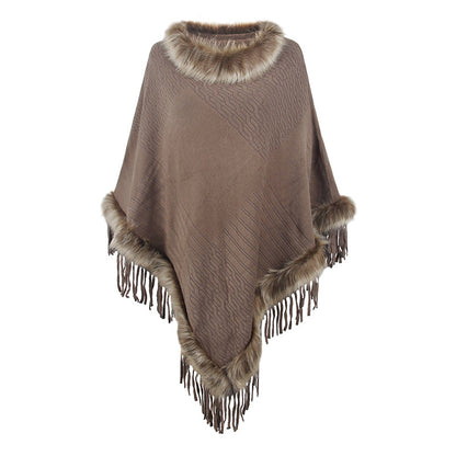 Dames élégant poncho avec col en fausse fourrure luxueuse et franges décadentes Chic und Stil