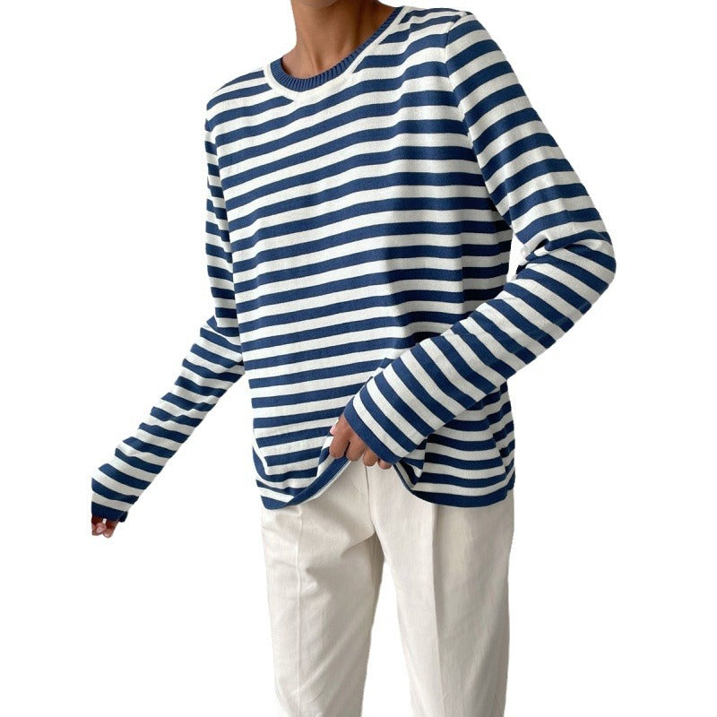 Femme pull à manches longues rayé avec col rond et coupe large Chic und Stil