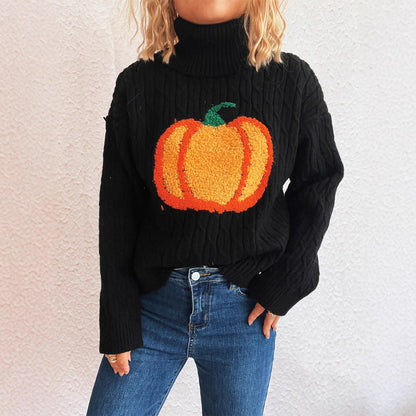 Pull en tricot pour femmes avec col roulé et design joyeux de citrouille Chic und Stil