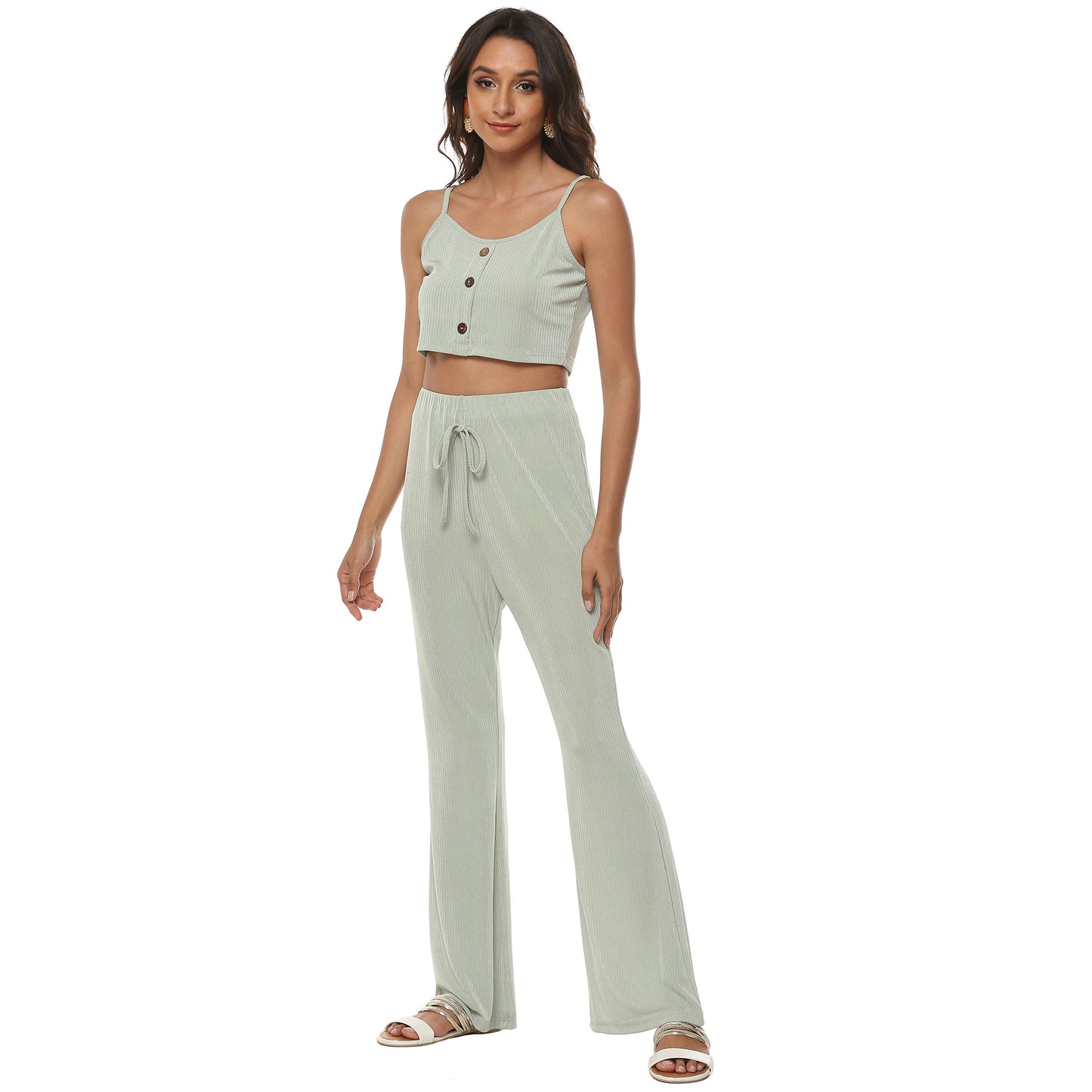 Women Short Ribbed Top and Flared Pants Set Chic and Style