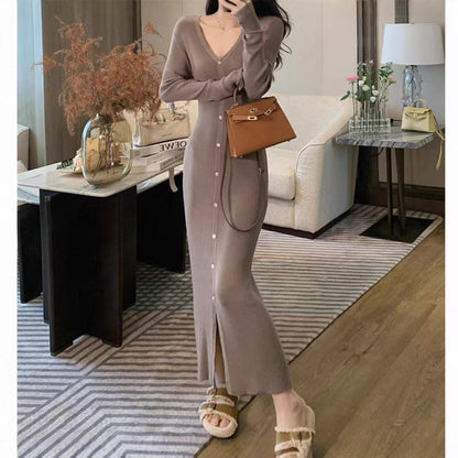 Dames Élégant Maxi Robe avec Détails de Bouton et Décolleté en V Chic und Stil