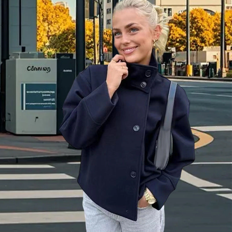 Ladies casual wool jacket with high collar and button closure Chic und Stil