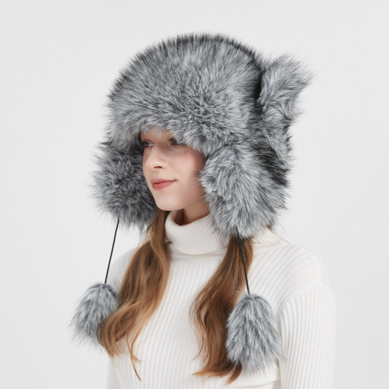 Woman Cozy Fur Hat with Ear Protection and Pompon Chic and Style