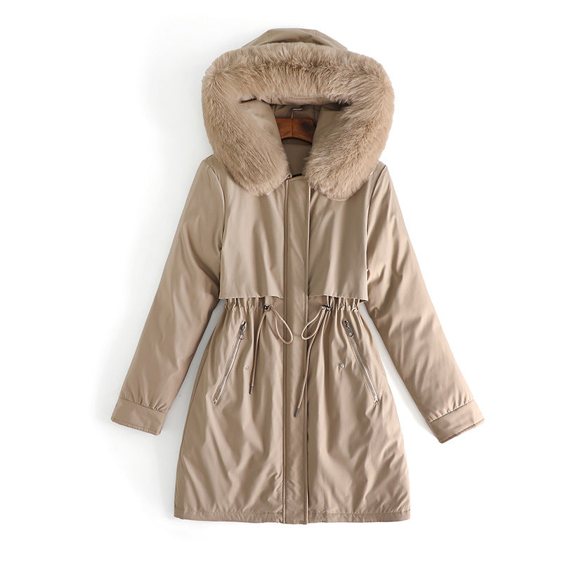 Dames élégante manteau d'hiver avec col en fausse fourrure amovible et cordon réglable à la taille Chic und Stil