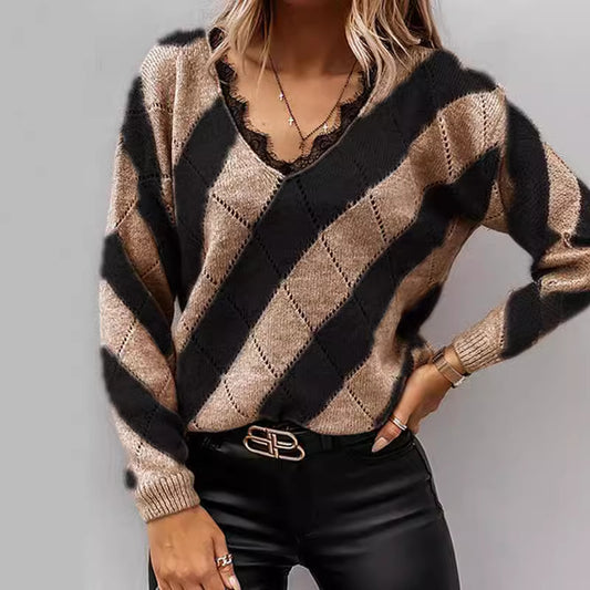 Pull en tricot pour femmes avec décolleté en V et motif losangé moderne Chic und Stil
