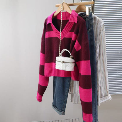 Pull en tricot pour femmes à décolleté en V profond et design rayé Chic und Stil