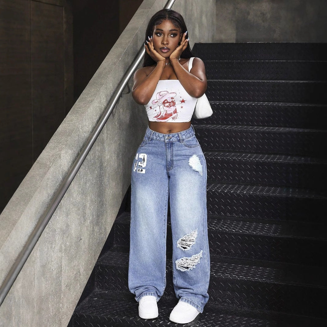 Oversized denim pants for women with distressed details and high waist Chic and Style