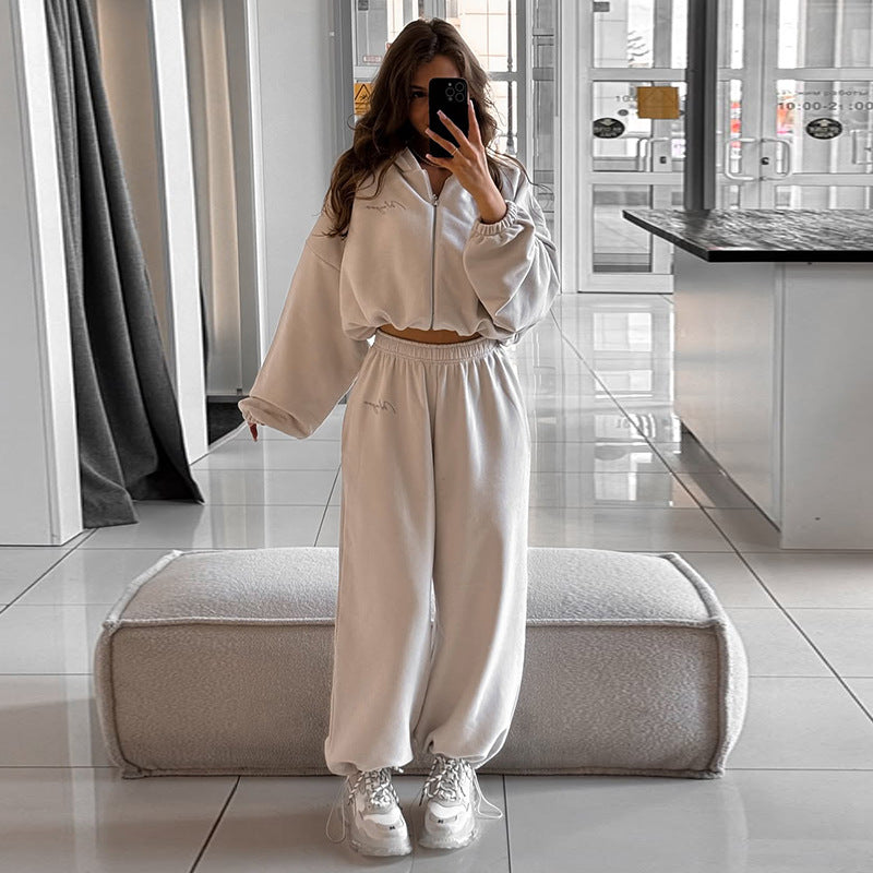 Women chic and stylish short sweatshirt and jogger pants set