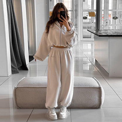 Women chic and stylish short sweatshirt and jogger pants set