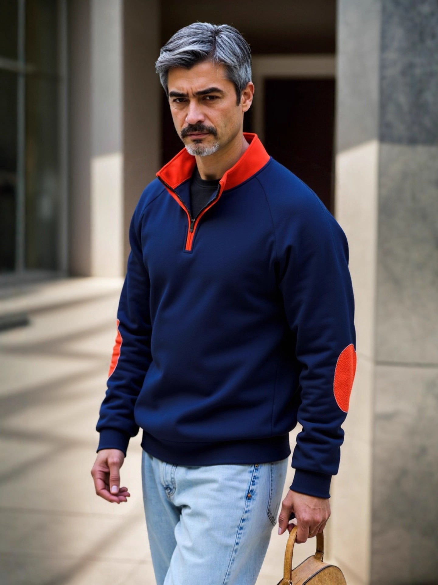 Pull en sweat-mode pour hommes avec fermeture éclair fonctionnelle et patchs contrastants aux coudes Chic und Stil