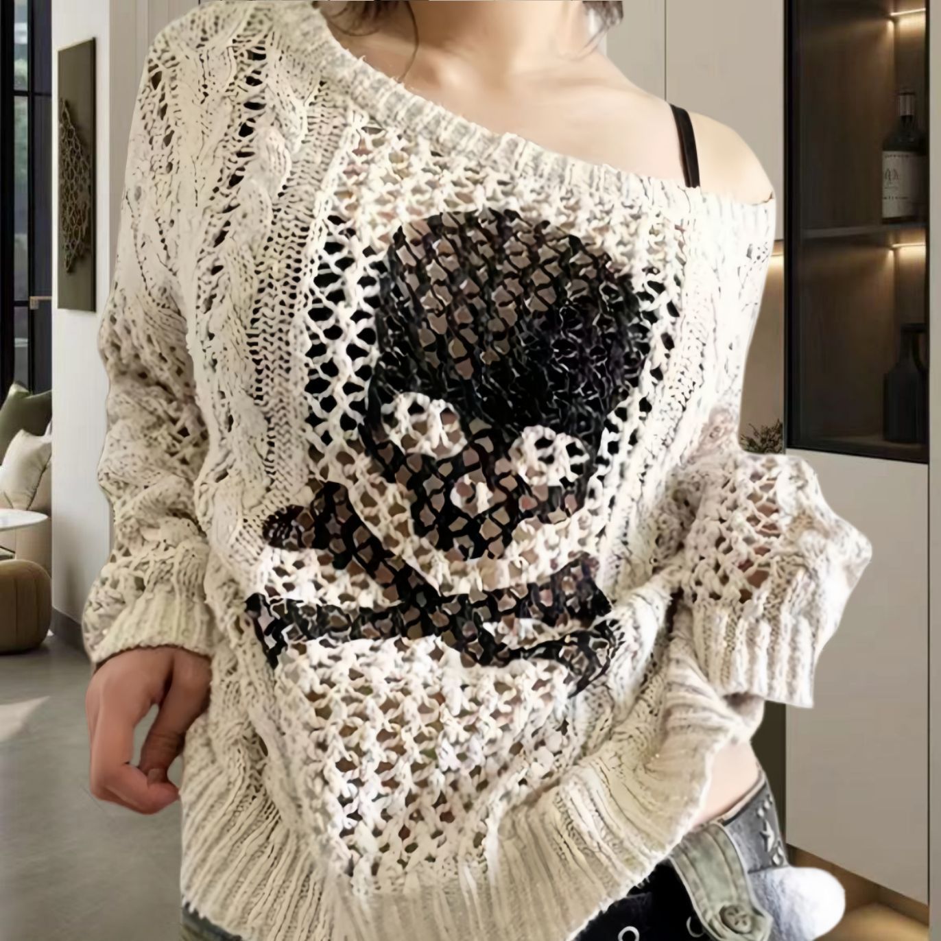 Pull en tricot surdimensionné pour femmes avec un motif de trous créatif et un design d'ancre Chic und Stil