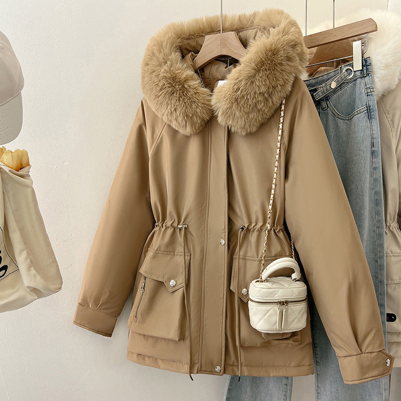 Multifunctional winter jacket for women with removable faux fur collar and adjustable waist drawstring Chic and Style