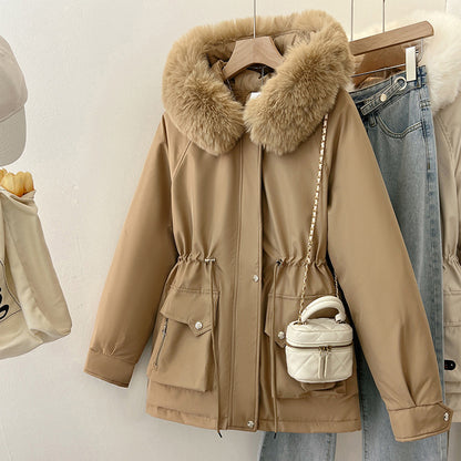 Multifunctional winter jacket for women with removable faux fur collar and adjustable waist drawstring Chic and Style