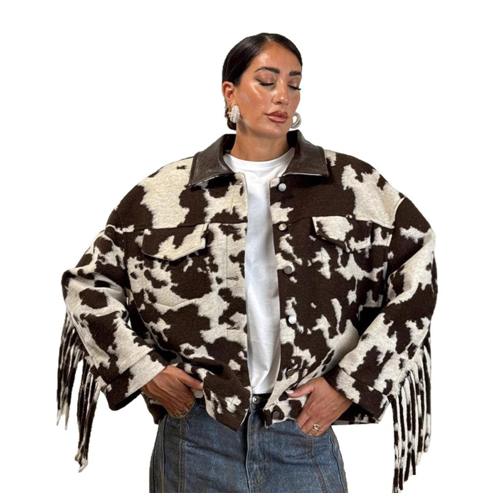 Fringed oversized jacket for women with cow print Chic and Style
