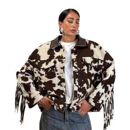 Fringed oversized jacket for women with cow print Chic and Style