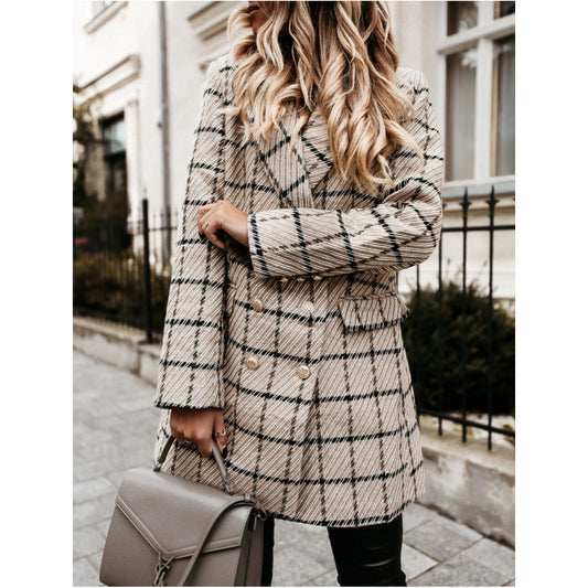 Blazer de compression à carreaux surdimensionné pour femmes avec double rangée de boutons Chic und Stil