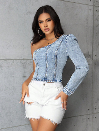 T-shirt en denim asymétrique pour femmes avec manches bouffantes Chic und Stil