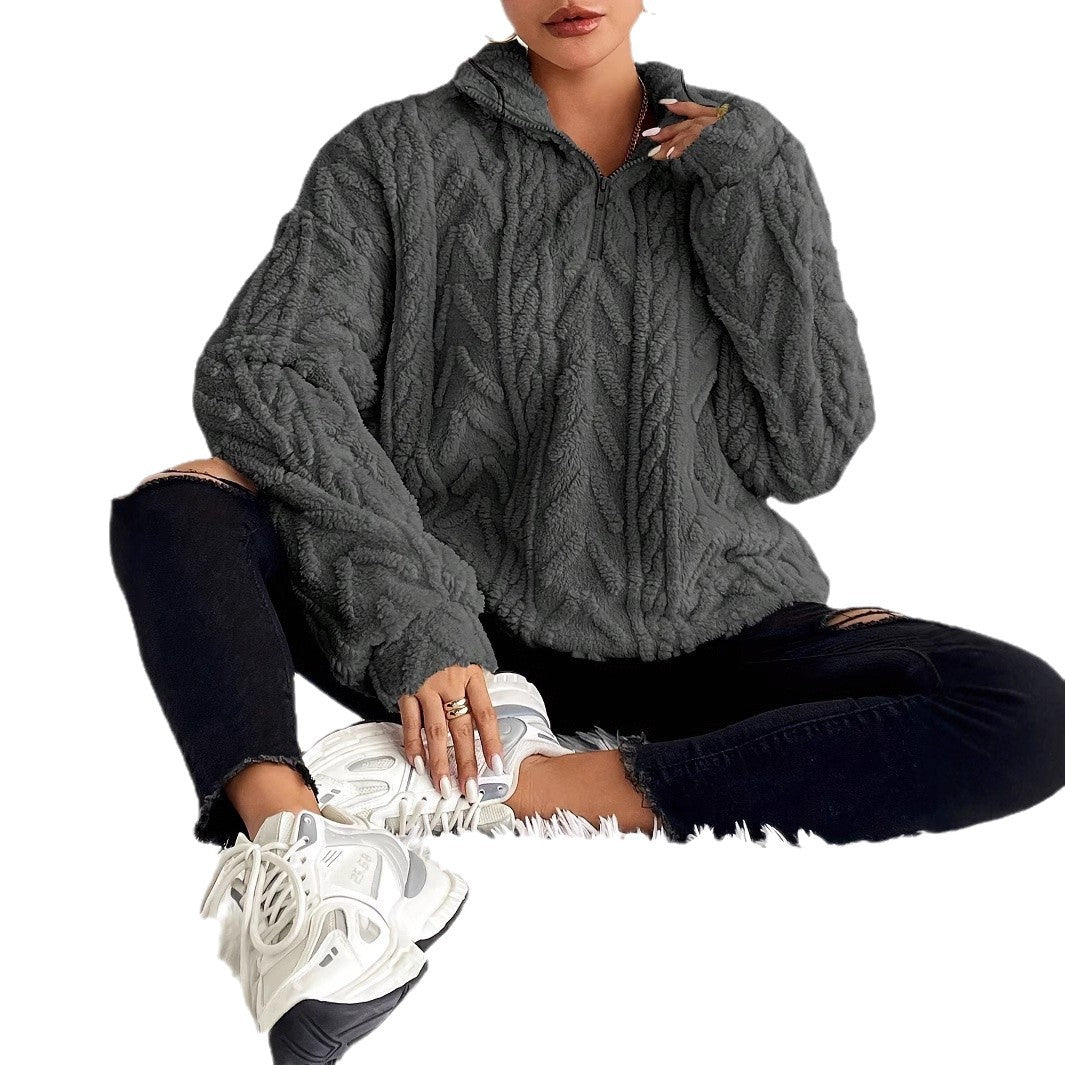 Dames Pull-over oversized pelucheux avec fermeture éclair et structure côtelée Chic und Stil