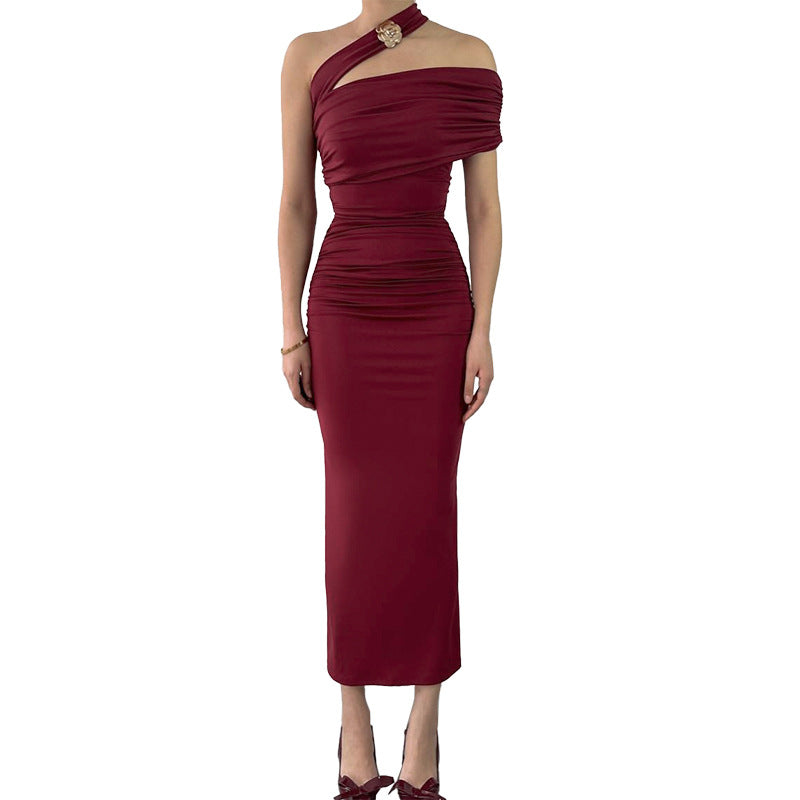 Robe midi à épaule unique froncée pour femme Chic und Stil