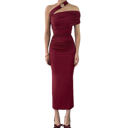 Robe midi à épaule unique froncée pour femme Chic und Stil