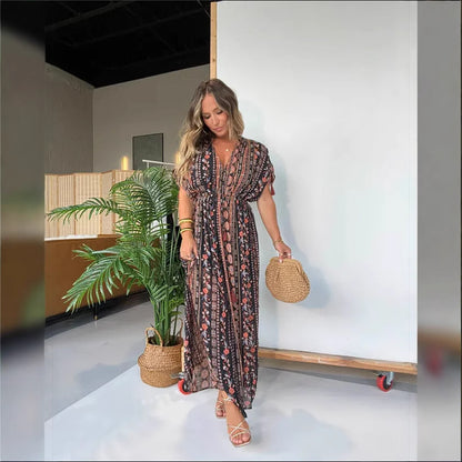 Robe maxi élégante pour femmes avec imprimé à la mode et décolleté en V Chic und Stil