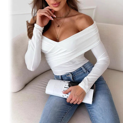 Dames Élégant haut croisé à design épaules nues et manches longues Chic und Stil