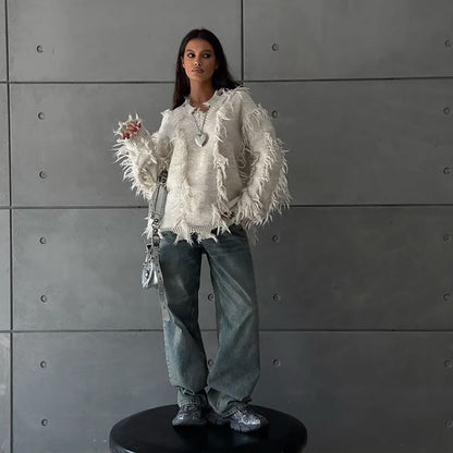 Pull en tricot pour femmes avec design frangé décontracté Chic und Stil