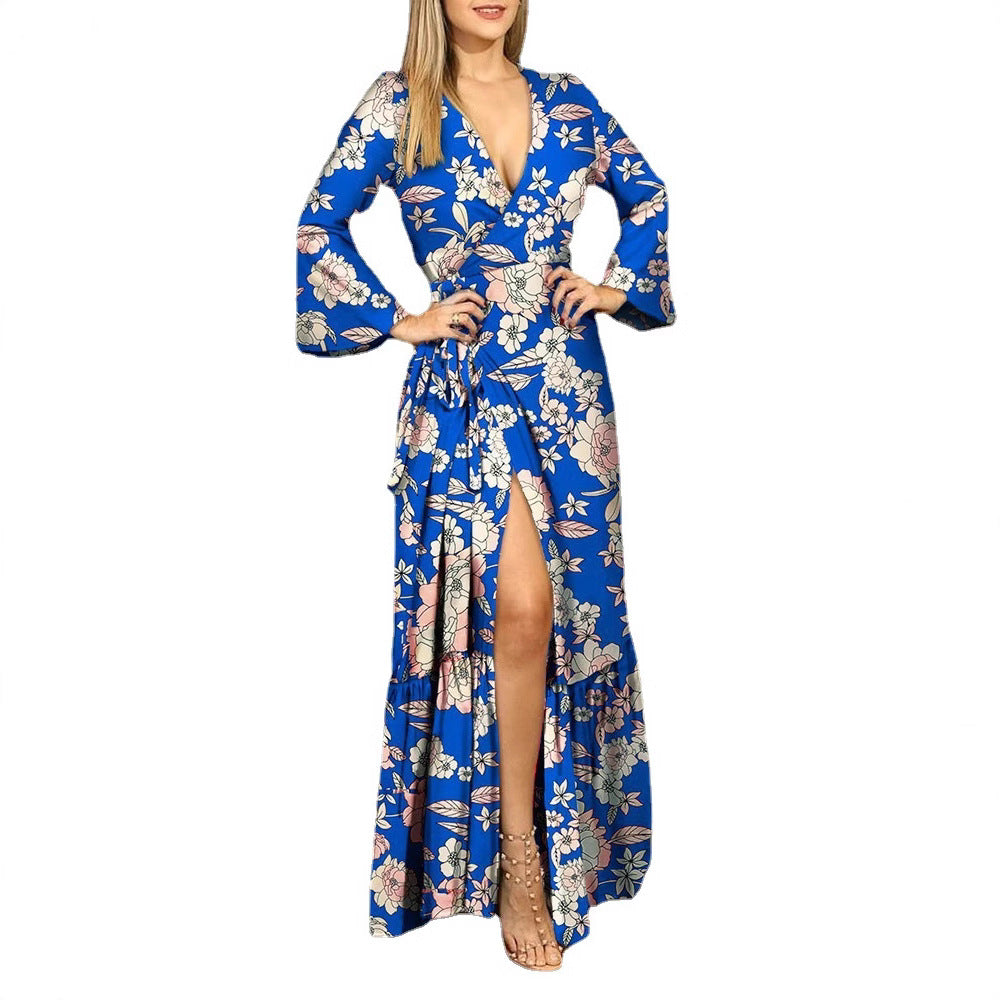 Robe maxi portefeuille à motifs floraux pour femmes avec manches longues et fente latérale Chic und Stil