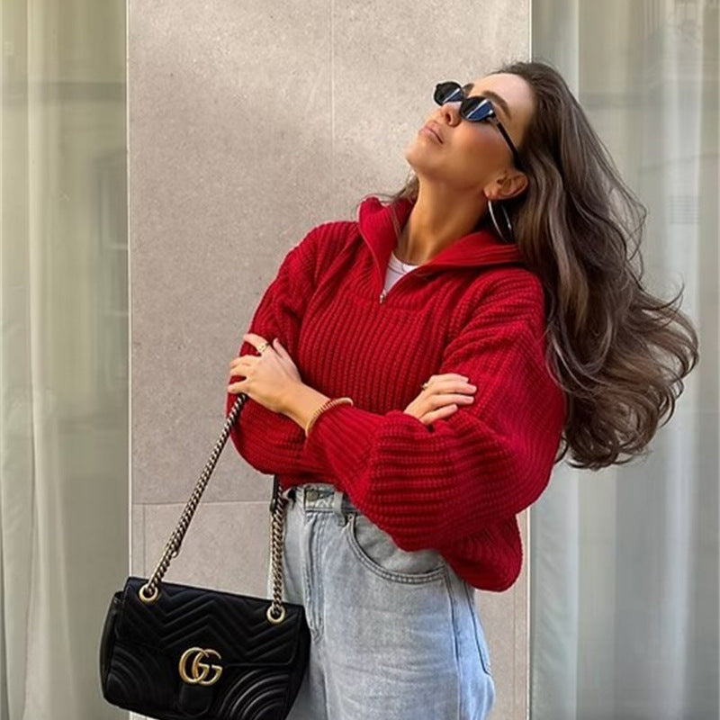 Pull femme en tricot épais avec col montant et fermeture éclair Chic und Stil