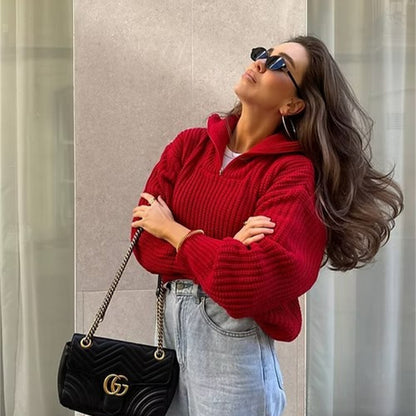 Pull femme en tricot épais avec col montant et fermeture éclair Chic und Stil
