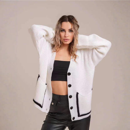 Cardigan en tricot décontracté pour femmes avec poches contrastantes et détail de bouton classique Chic und Stil