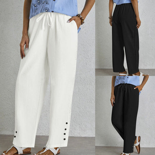 Women Elastic Waist Casual Cut Pants with Chic Button Details