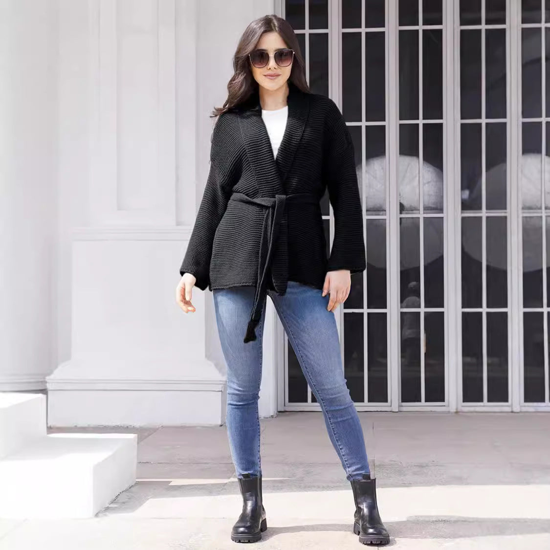 Dames Cardigan en tricot confortable avec ceinture à la taille et coupe ample Chic und Still