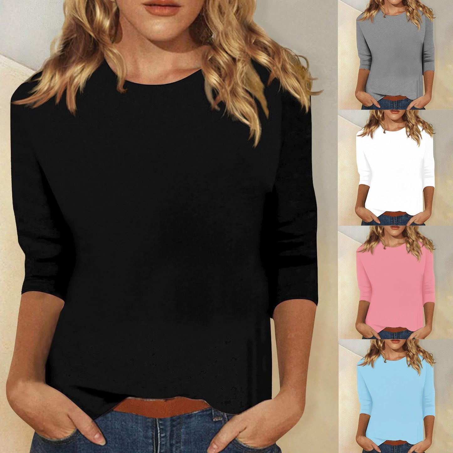 Chic und Stil | Round Neck Three-Quarter Sleeve Solid Color Tee