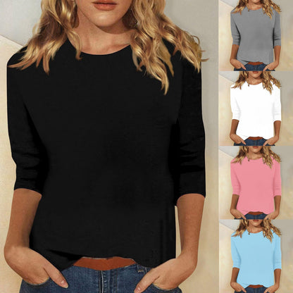 Chic und Stil | Round Neck Three-Quarter Sleeve Solid Color Tee