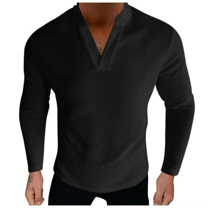 Chemise Henley à manches longues pour hommes en tissu en coton texturé avec un décolleté en V moderne Chic und Stil