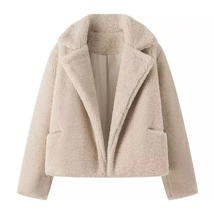 Ladies comfortable plush jacket with classic lapels and practical pockets Chic and Style