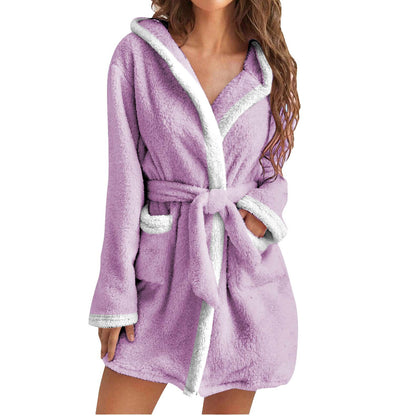 Ladies cozy fleece bathrobe with hood and pockets Chic und Stil
