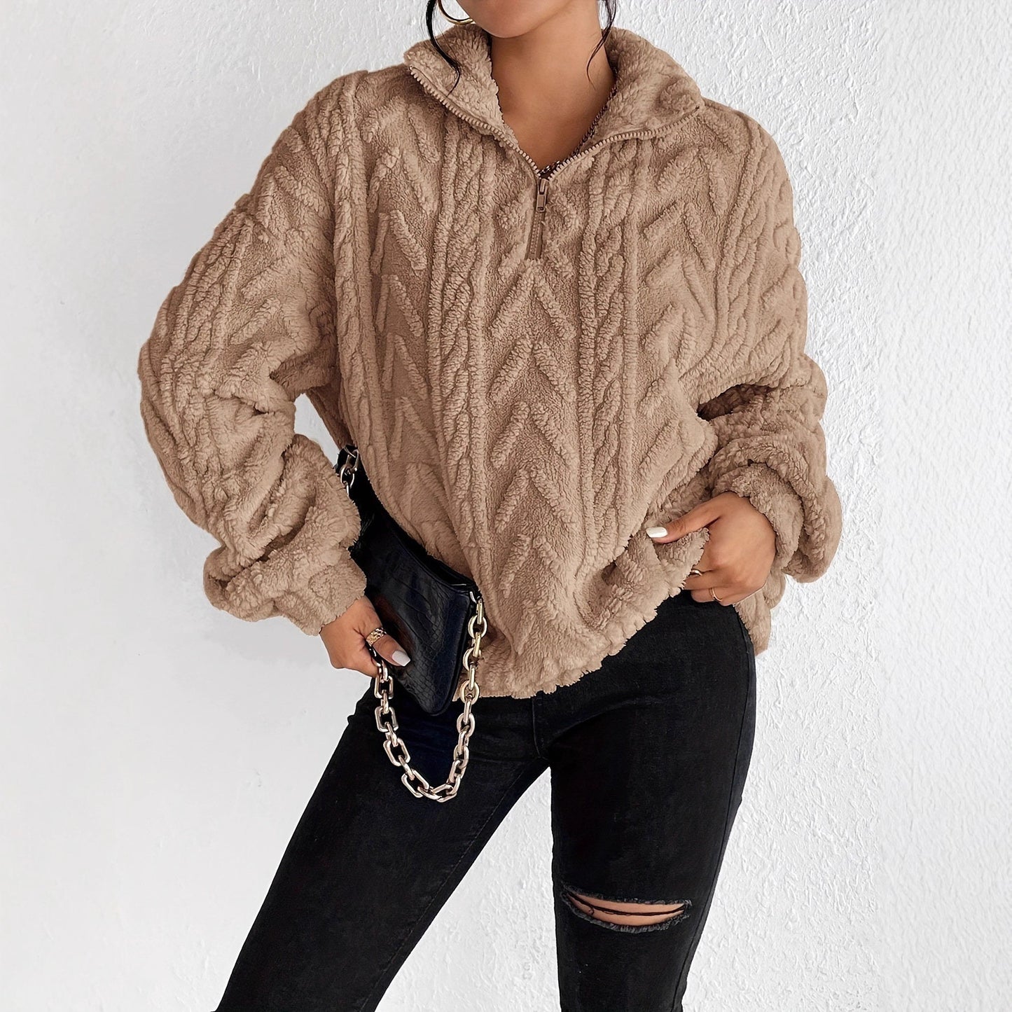 Dames Pull en molleton douillet avec col haut et détail zip Chic und Stil