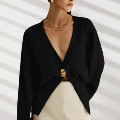 Dames Élégante Cardigan avec décolleté V plongeant et bouton décoratif Chic und Stil