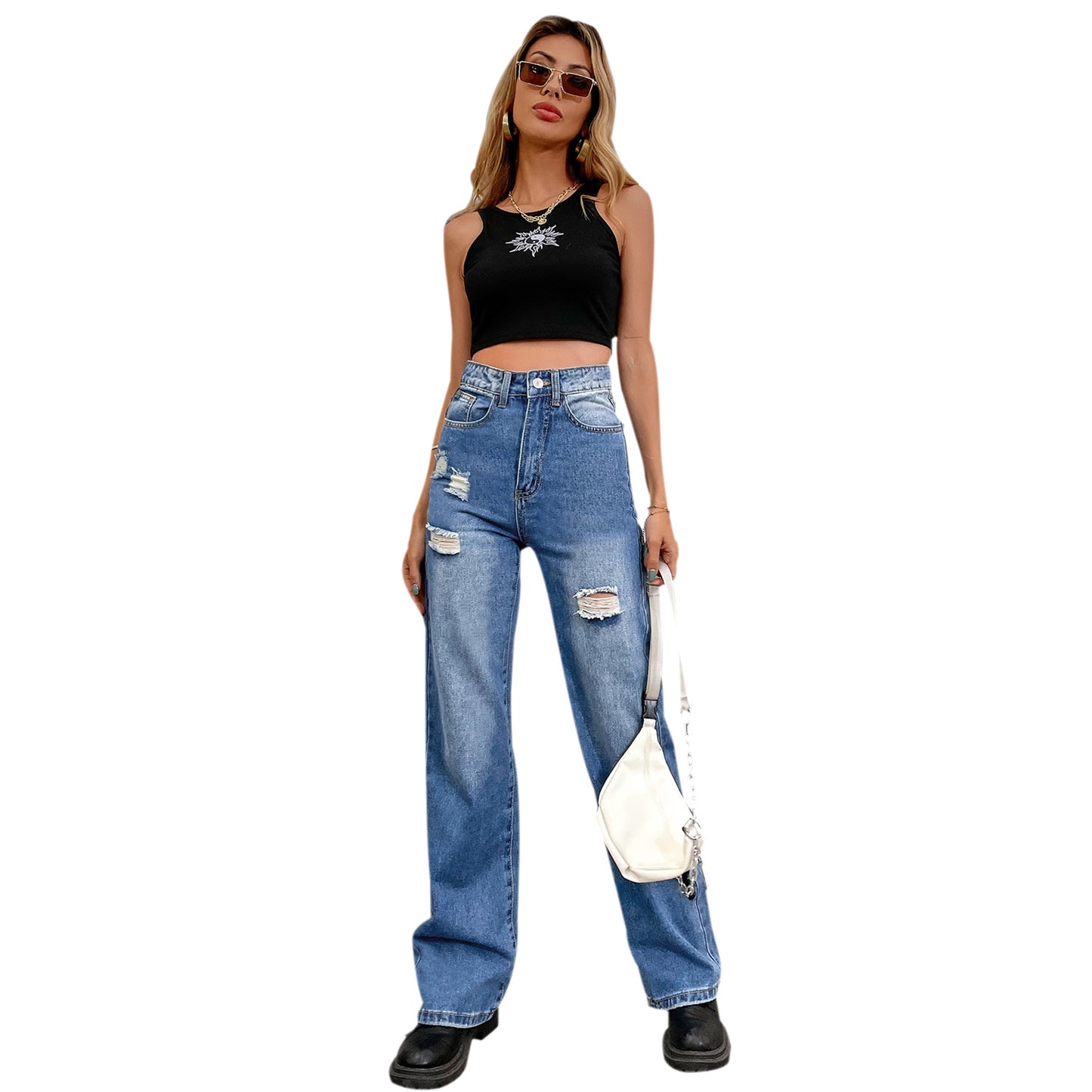 Jeans à jambes larges taille haute pour femmes dans un look destroy tendance Chic und Stil