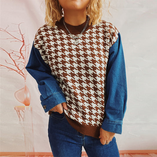 Pull en tricot pour femmes au motif pied-de-poule moderne avec des manches en denim décontractées Chic und Stil