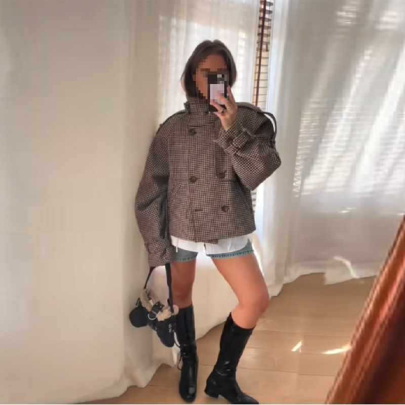 Dames élégant carotte manteau avec motif pied-de-coq texturé Chic und Stil